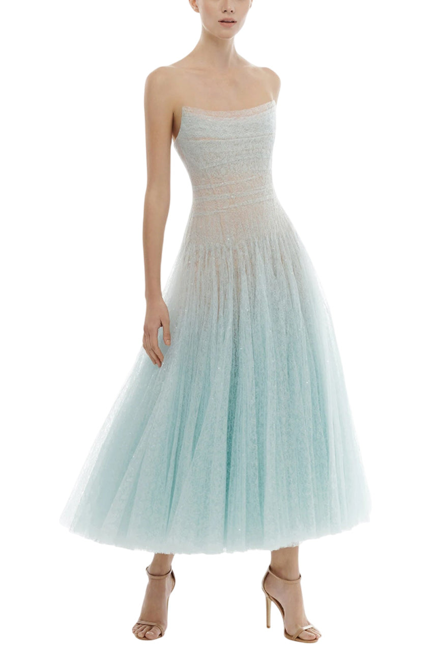 DRAPED LACE MIDI DRESS