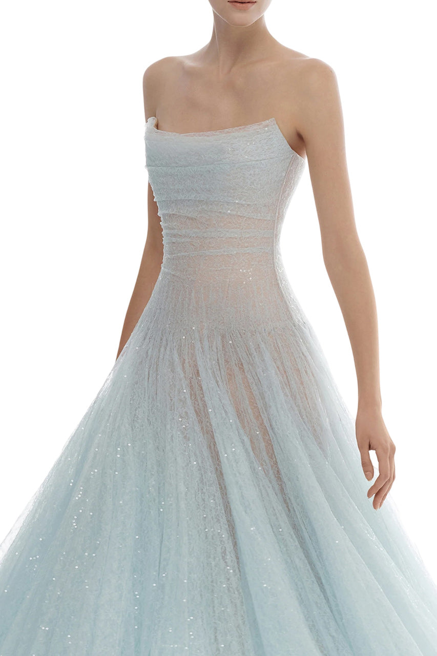 DRAPED LACE MIDI DRESS