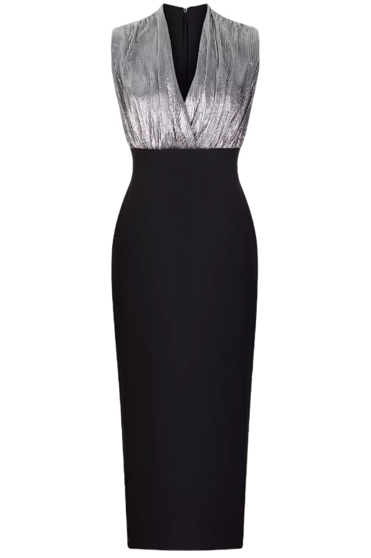 DRAPED PLEATED JERSEY & CREPE MIDI DRESS