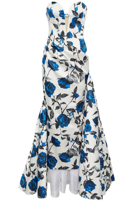 DRAPED PRINTED SATIN MAXI GOWN WITH SIDE TRAIN