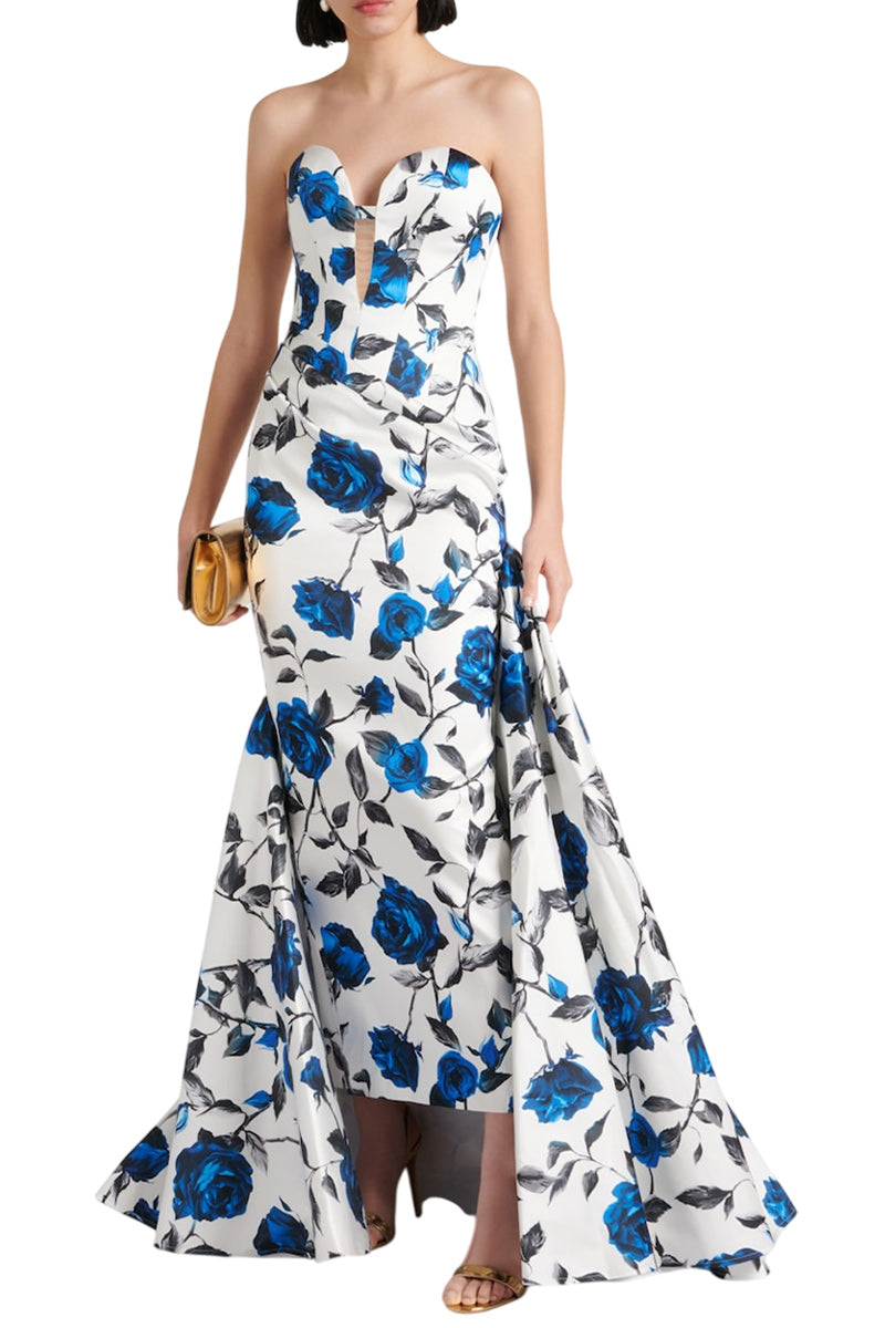 DRAPED PRINTED SATIN MAXI GOWN WITH SIDE TRAIN