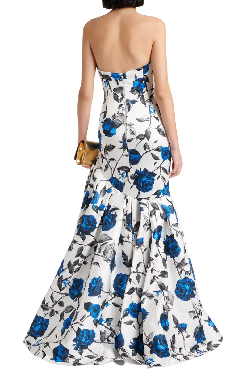 DRAPED PRINTED SATIN MAXI GOWN WITH SIDE TRAIN