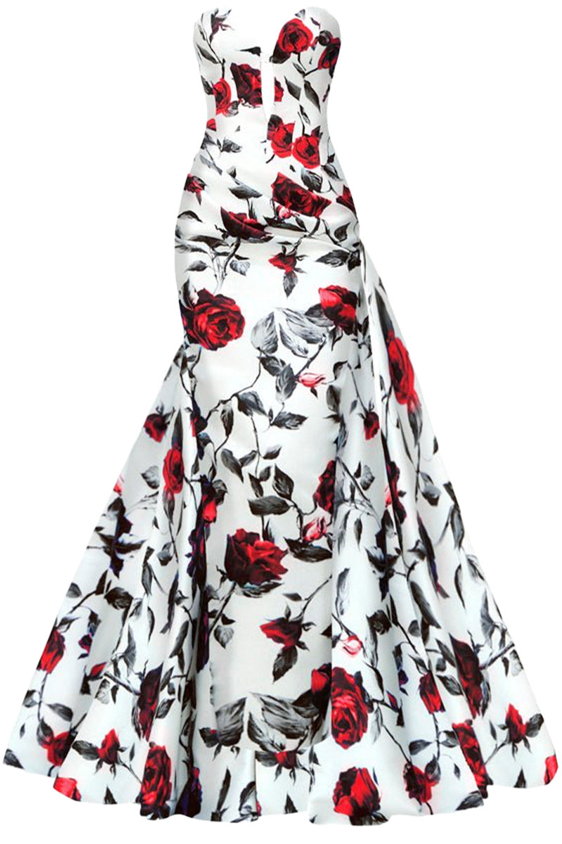 DRAPED PRINTED SATIN MAXI GOWN WITH SIDE TRAIN