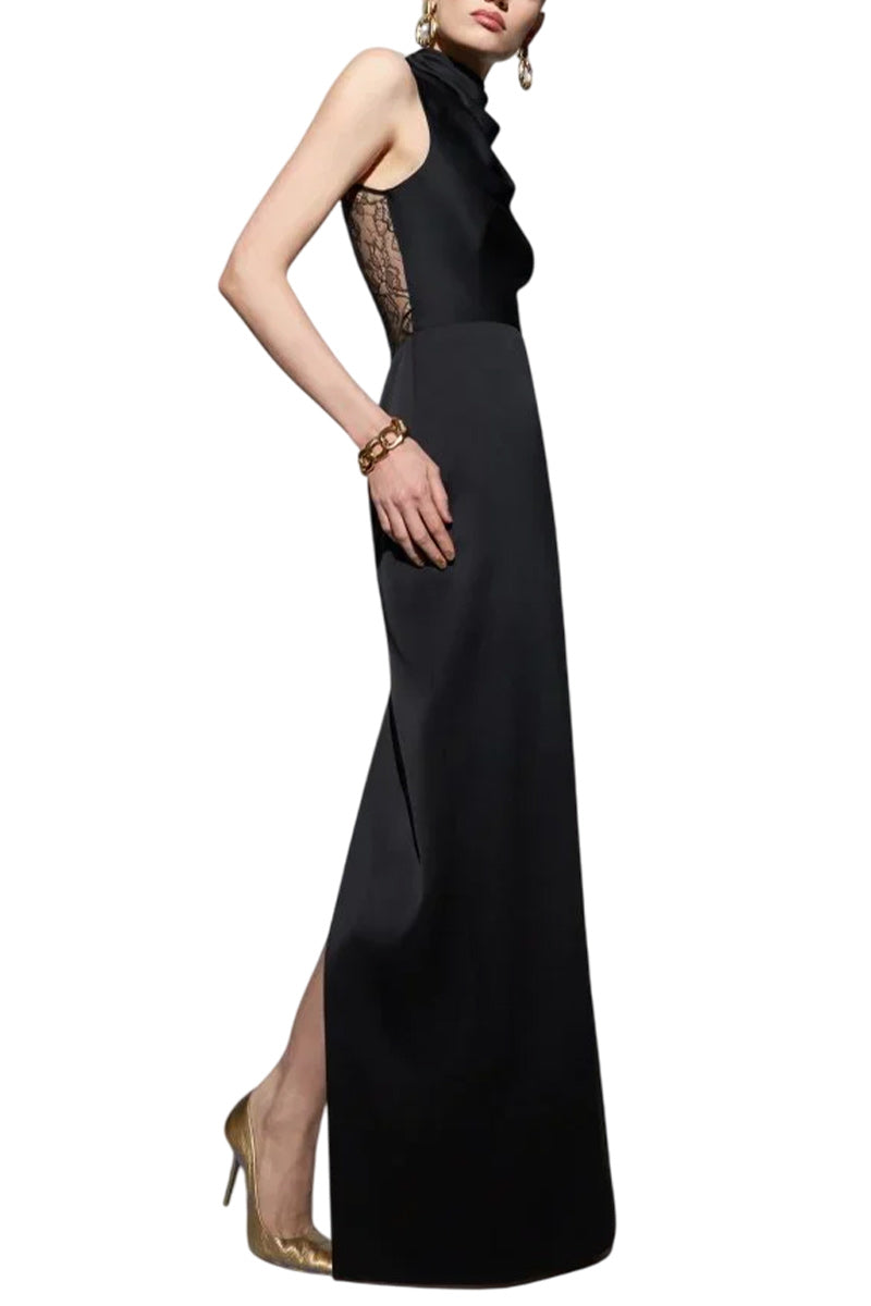 DRAPED SATIN GOWN WITH LACE BACK PANEL