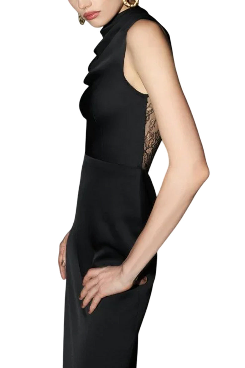 DRAPED SATIN GOWN WITH LACE BACK PANEL