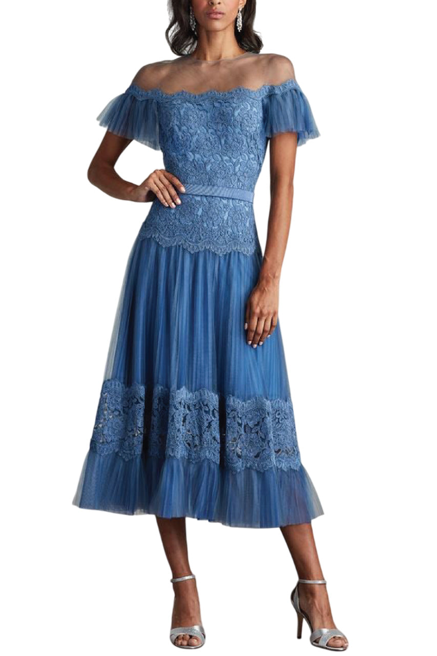 ELISE EMBROIDERED PLEATED TULLE MIDI DRESS