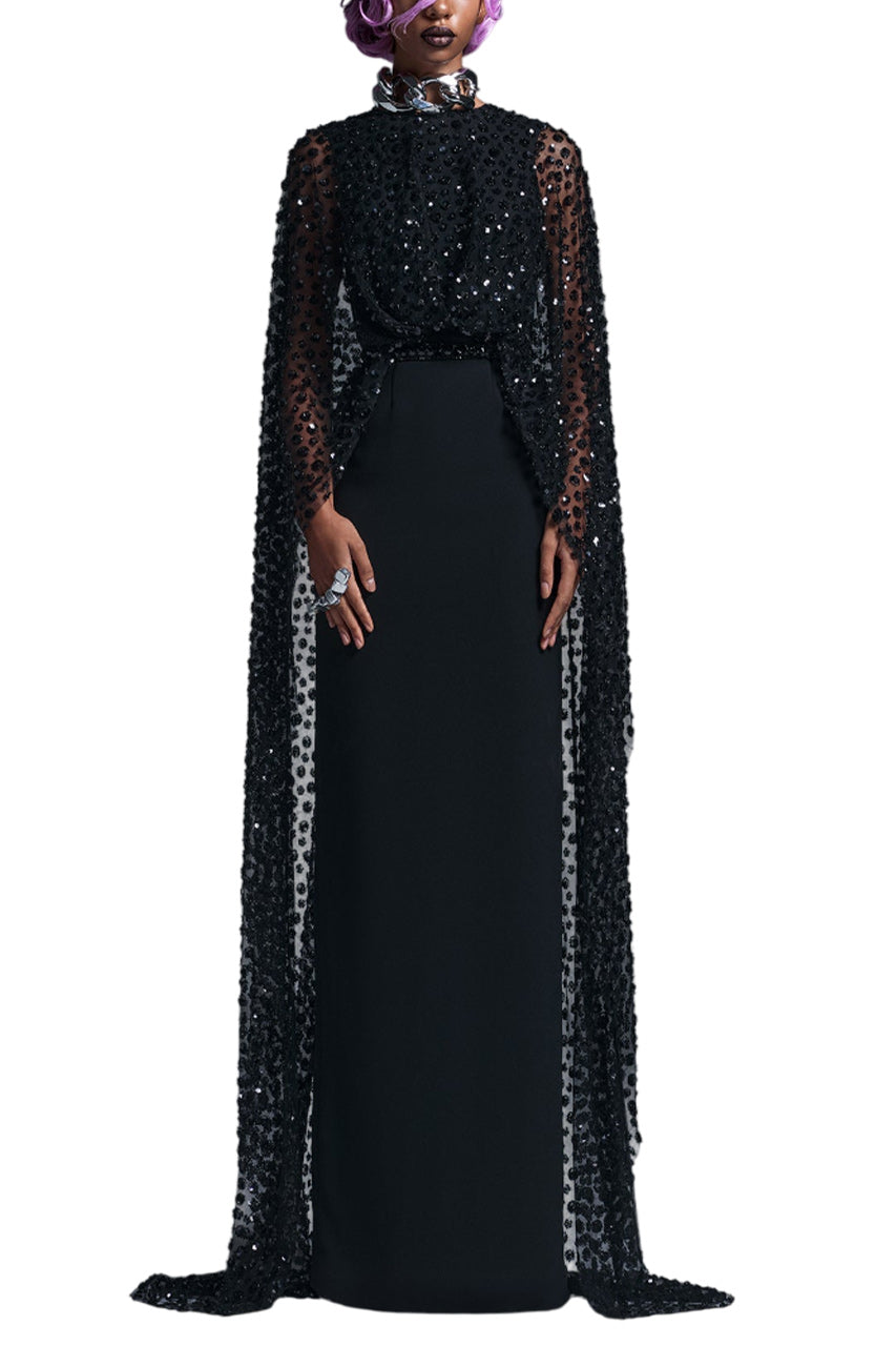 EMBELLISHED CAPE GOWN