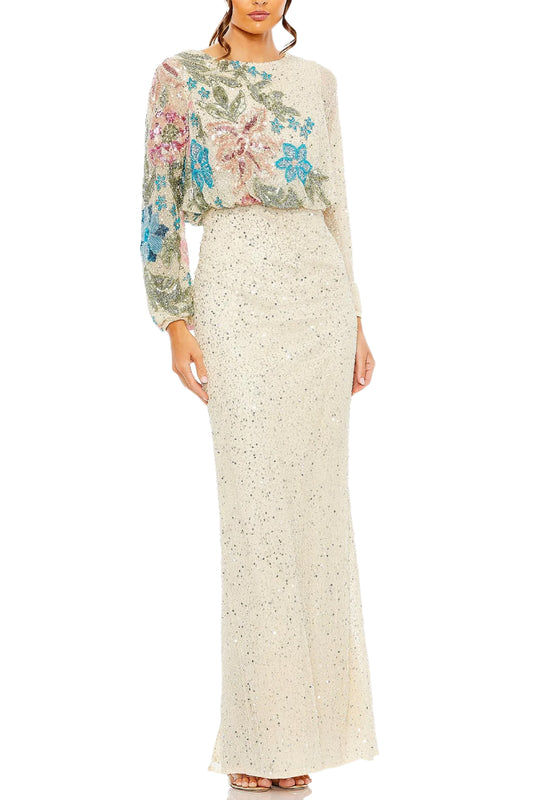 EMBELLISHED MULTI COLOR FLORAL HIGH NECK GOWN
