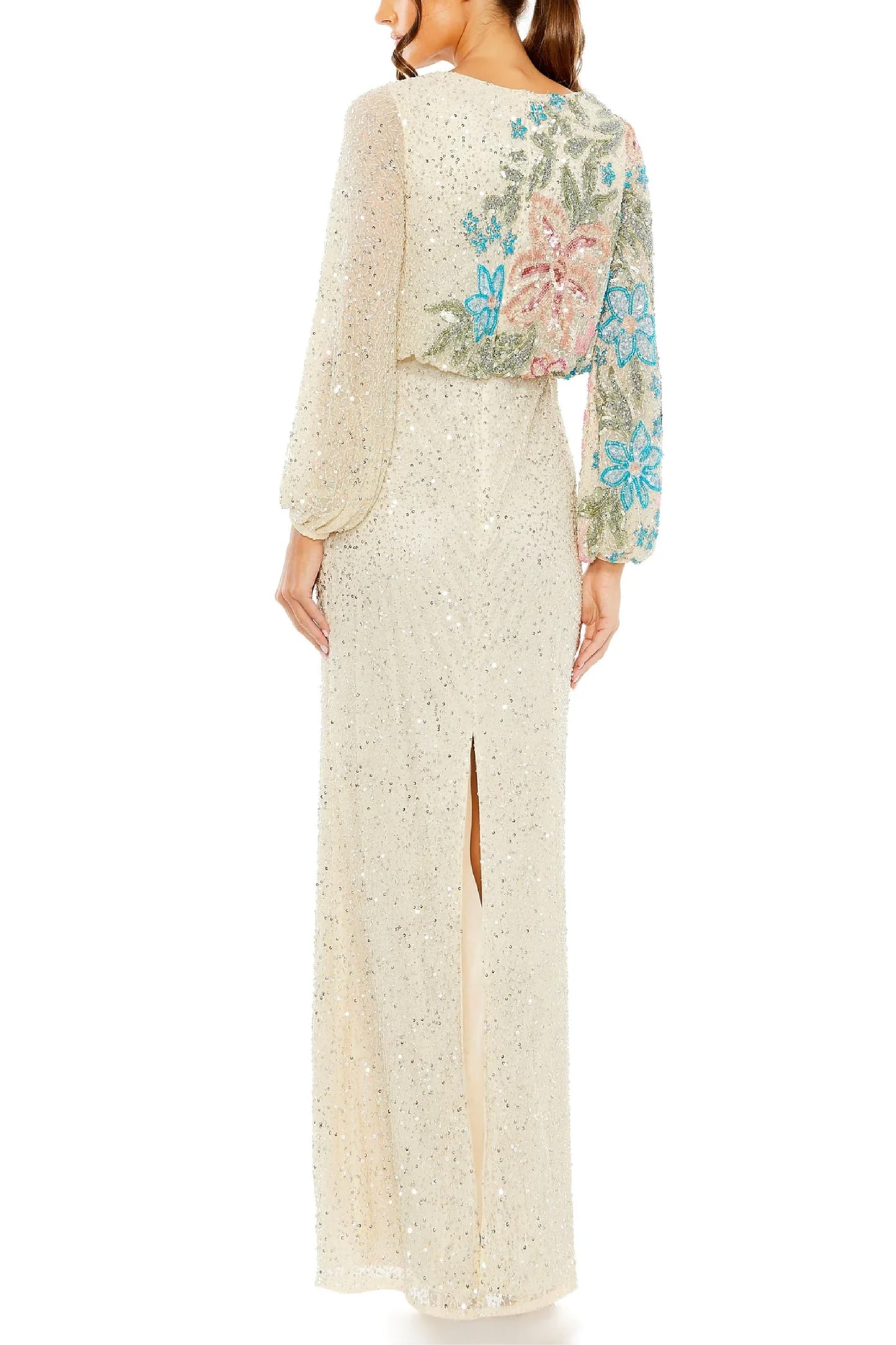 EMBELLISHED MULTI COLOR FLORAL HIGH NECK GOWN