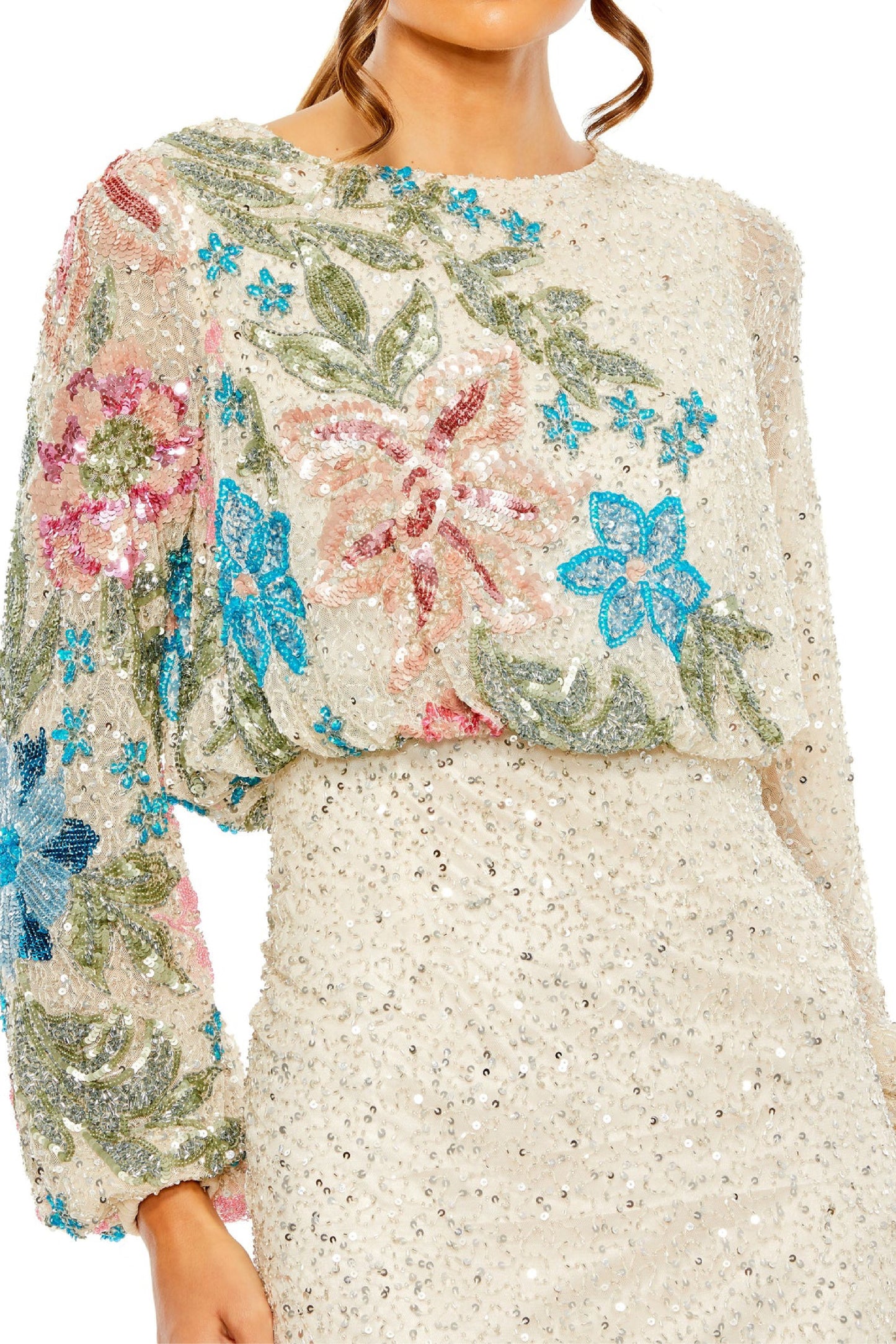EMBELLISHED MULTI COLOR FLORAL HIGH NECK GOWN