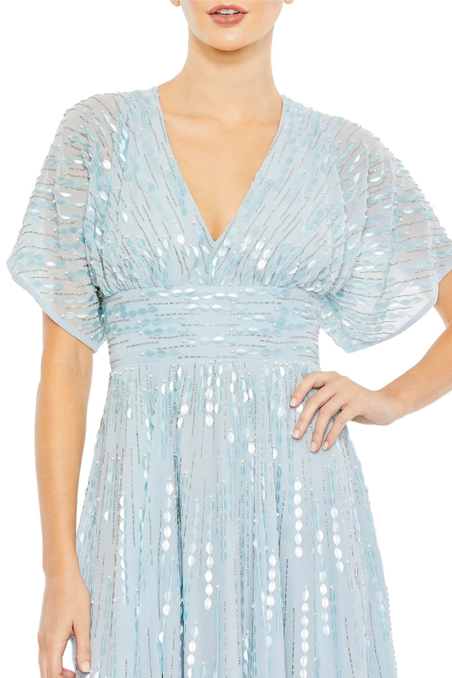 EMBELLISHED V NECK EVENING GOWN