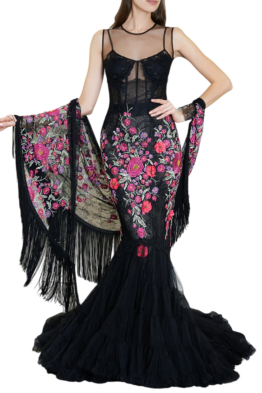 EMBROIDERED LACE AND TULLE GOWN