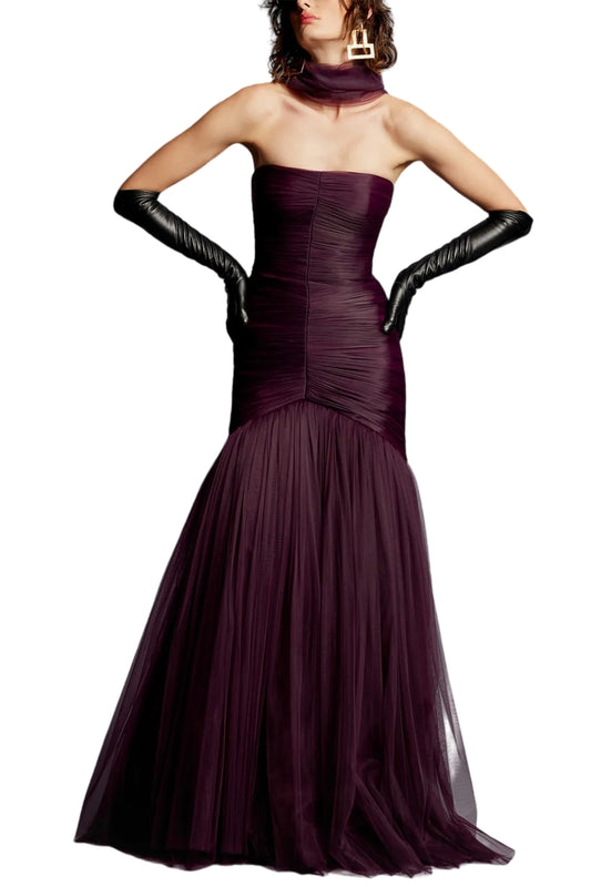 EVA HAND DRAPED EVENING GOWN IN TULLE