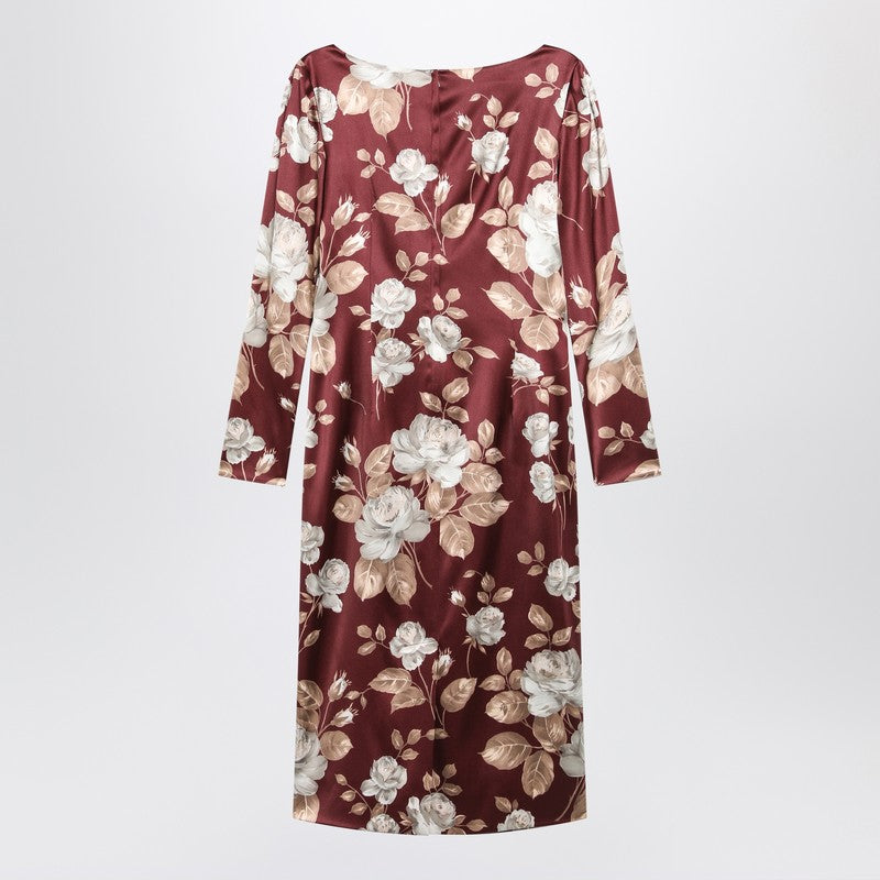 Burgundy satin dress with floral print