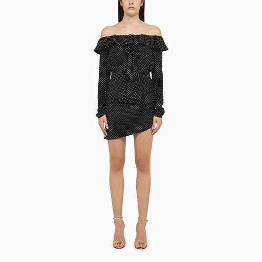 Beyaz puantiyeli mavi ipek mini elbise