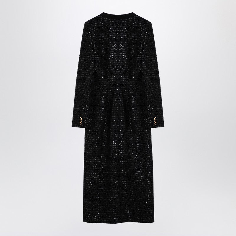 Black Sequin Tweed Midi Dress With Buttons