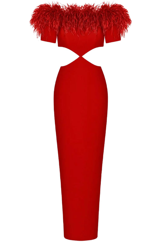 FEATHER CREPE MAXI DRESS WITH CUTOUTS