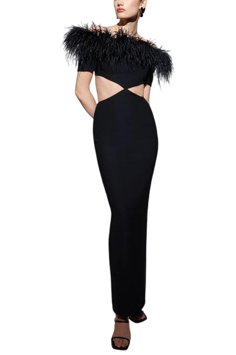 FEATHER CREPE MAXI DRESS WITH CUTOUTS