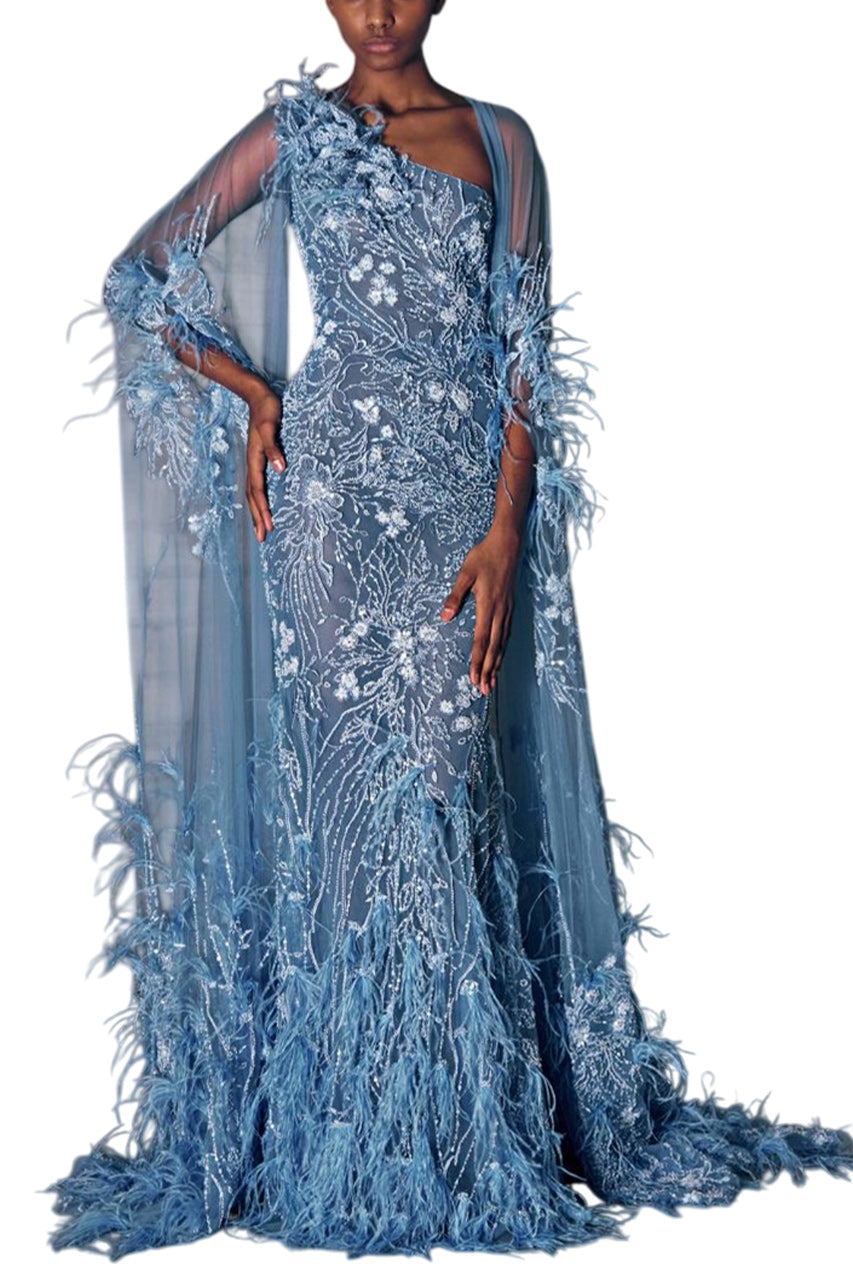 FEATHERS EMBROIDERED BLUE TULLE DRESS