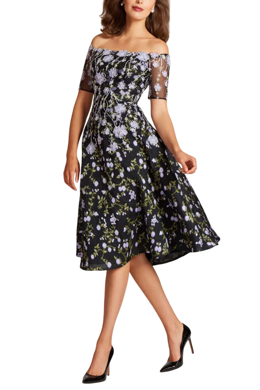 FLORAL-EMBROIDERED OFF-SHOULDER MIDI DRESS
