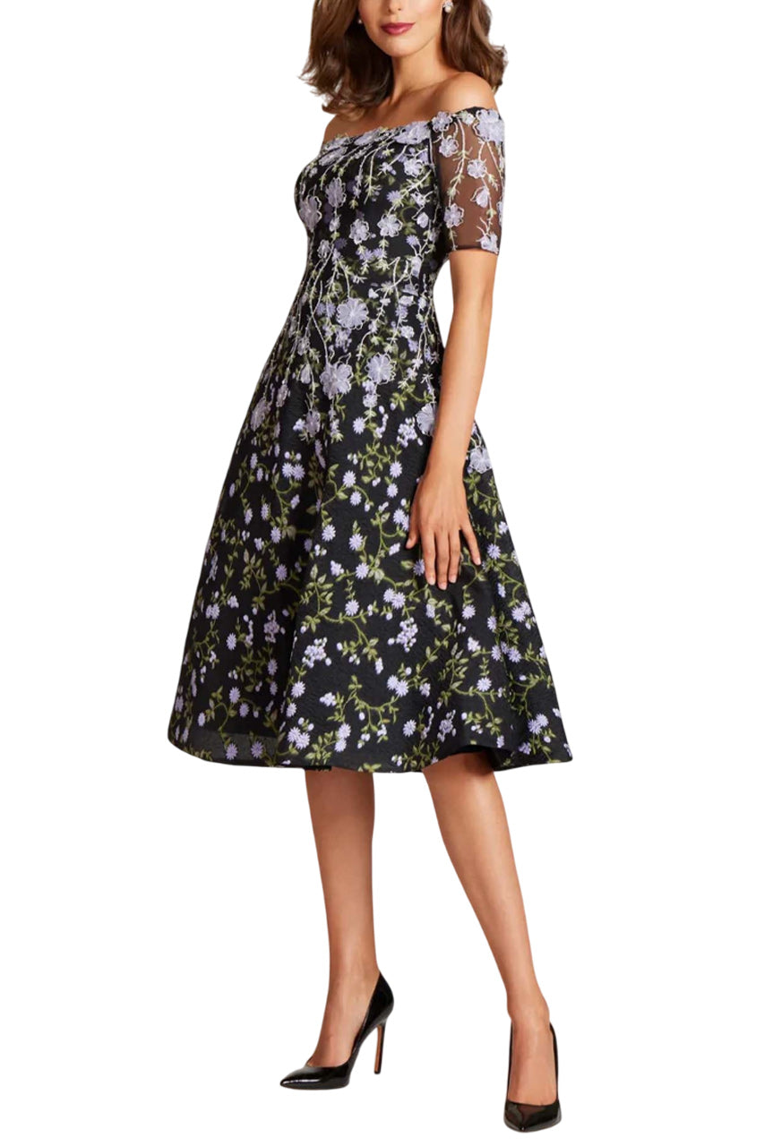 FLORAL-EMBROIDERED OFF-SHOULDER MIDI DRESS