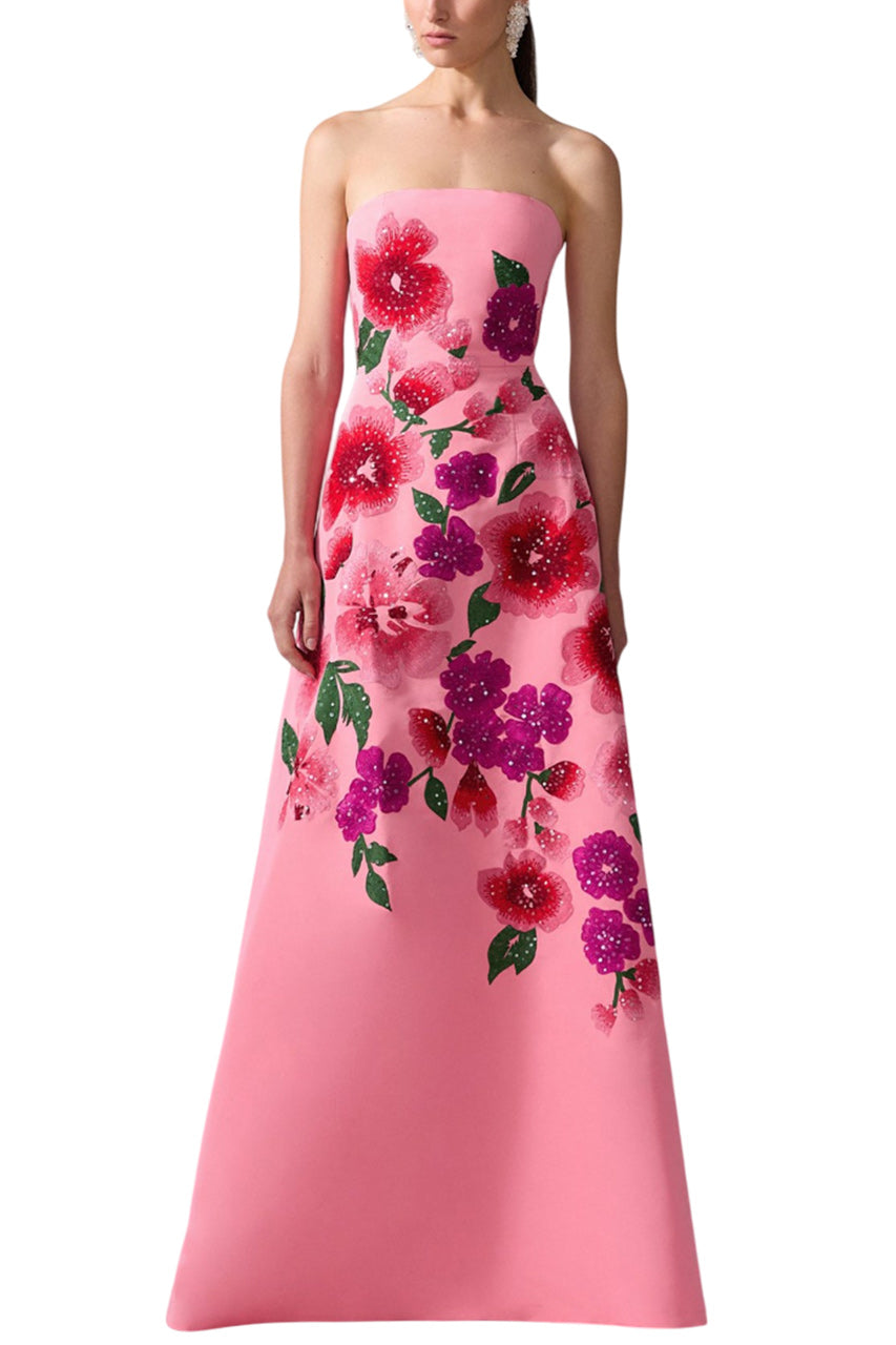 FLORAL-EMBROIDERED STRAPLESS A-LINE GOWN