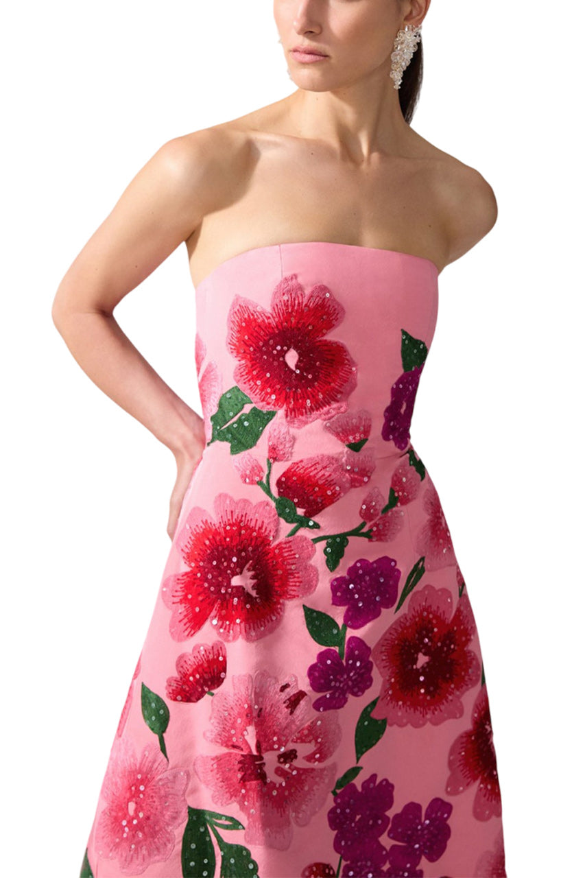 FLORAL-EMBROIDERED STRAPLESS A-LINE GOWN
