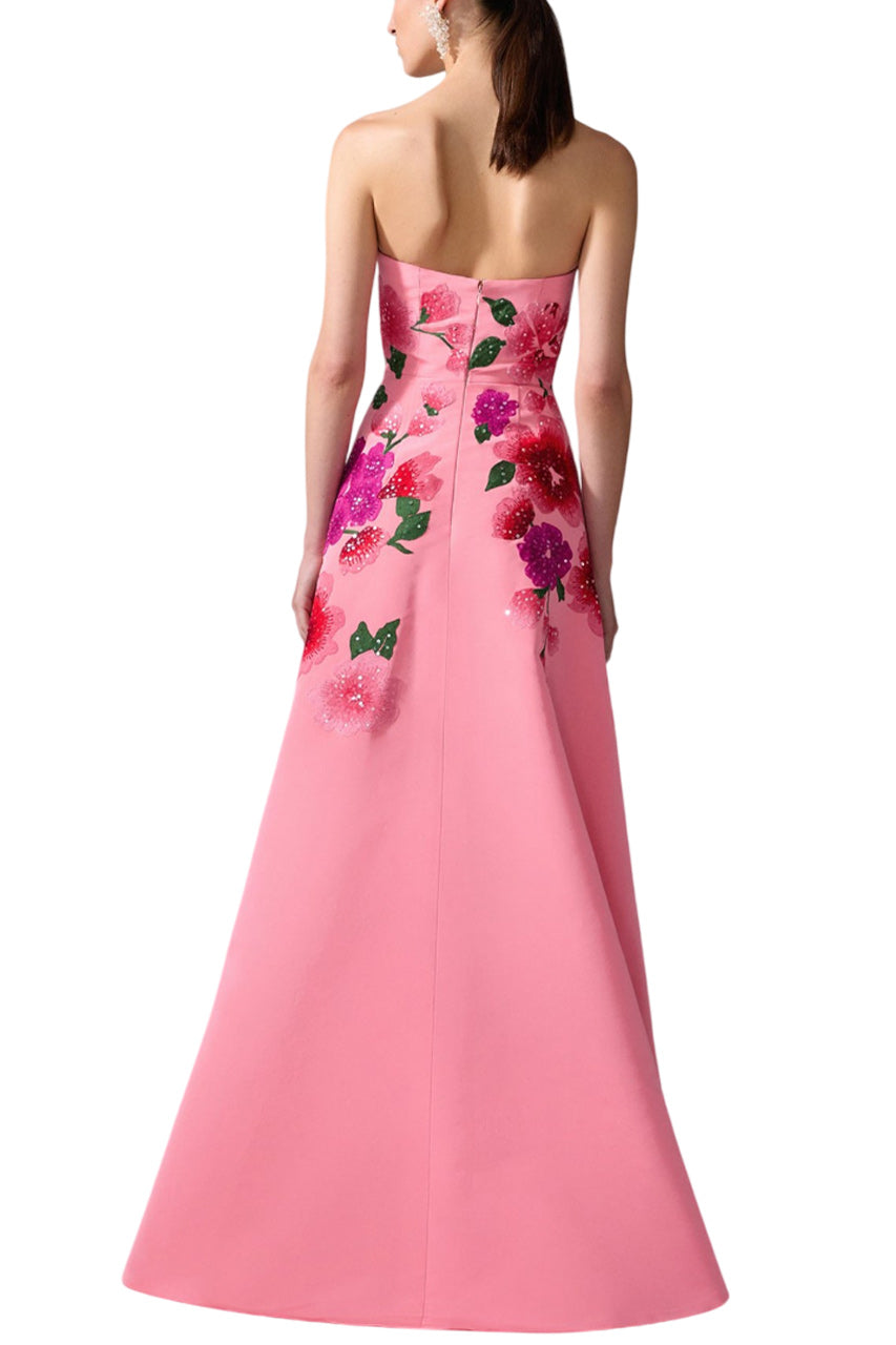 FLORAL-EMBROIDERED STRAPLESS A-LINE GOWN