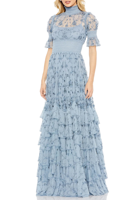 FLORAL TIERED SMOCK NECK GOWN