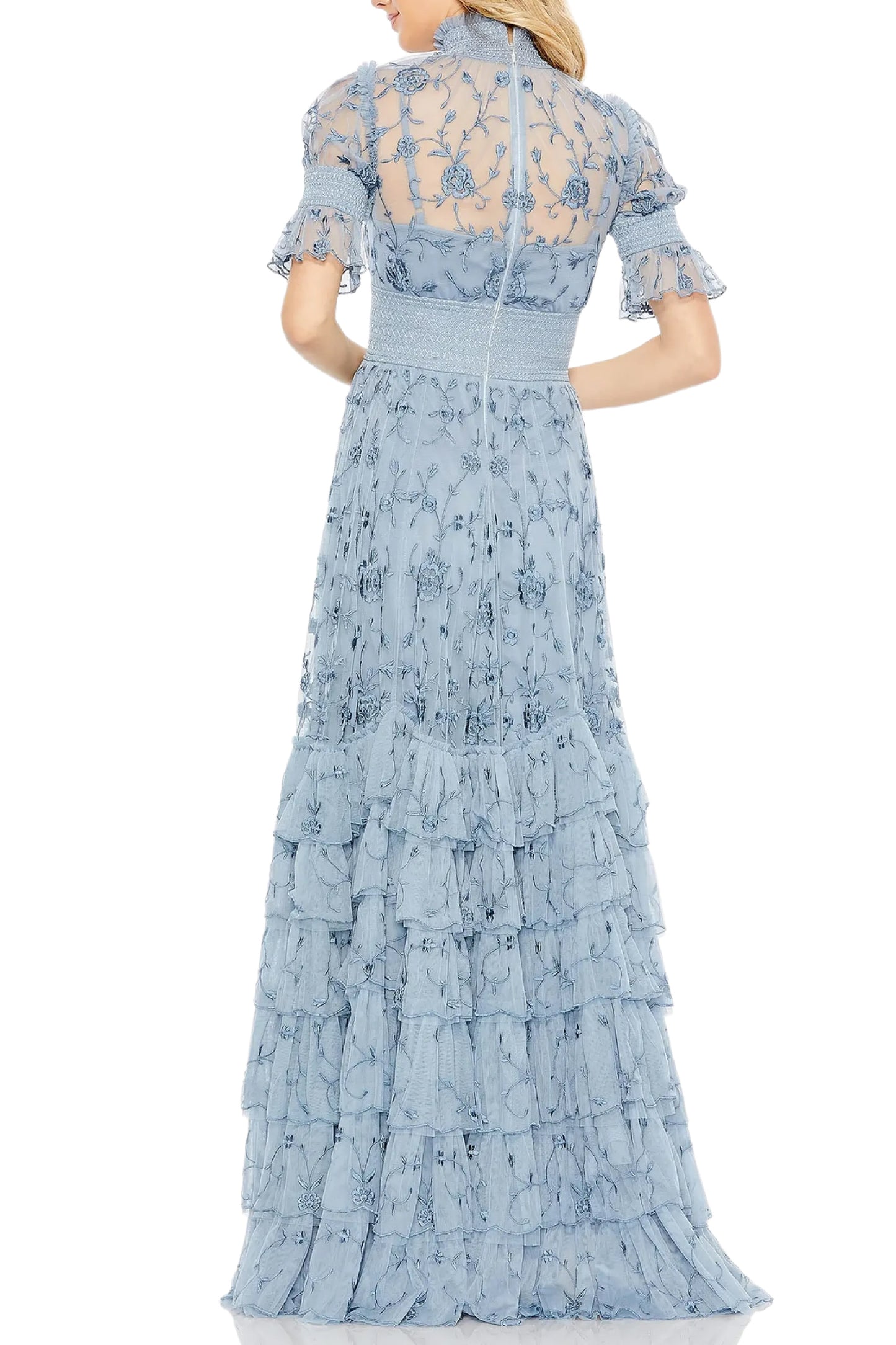 FLORAL TIERED SMOCK NECK GOWN