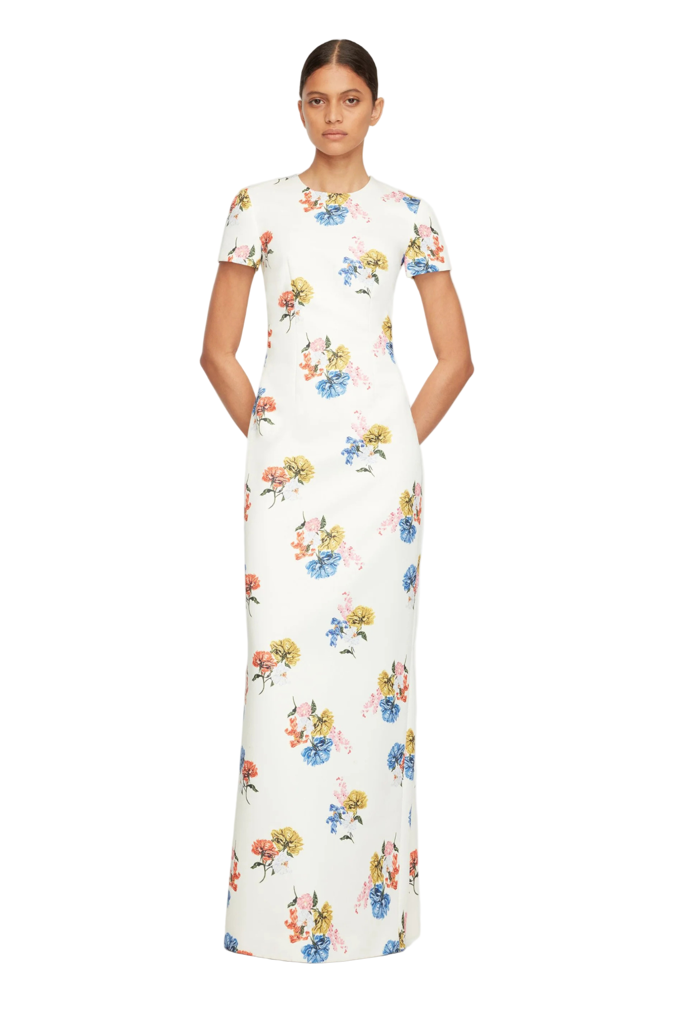 FOSETTE DRESS IN RETRO BOUQUET ON WHITE TAFFETA FAILLE