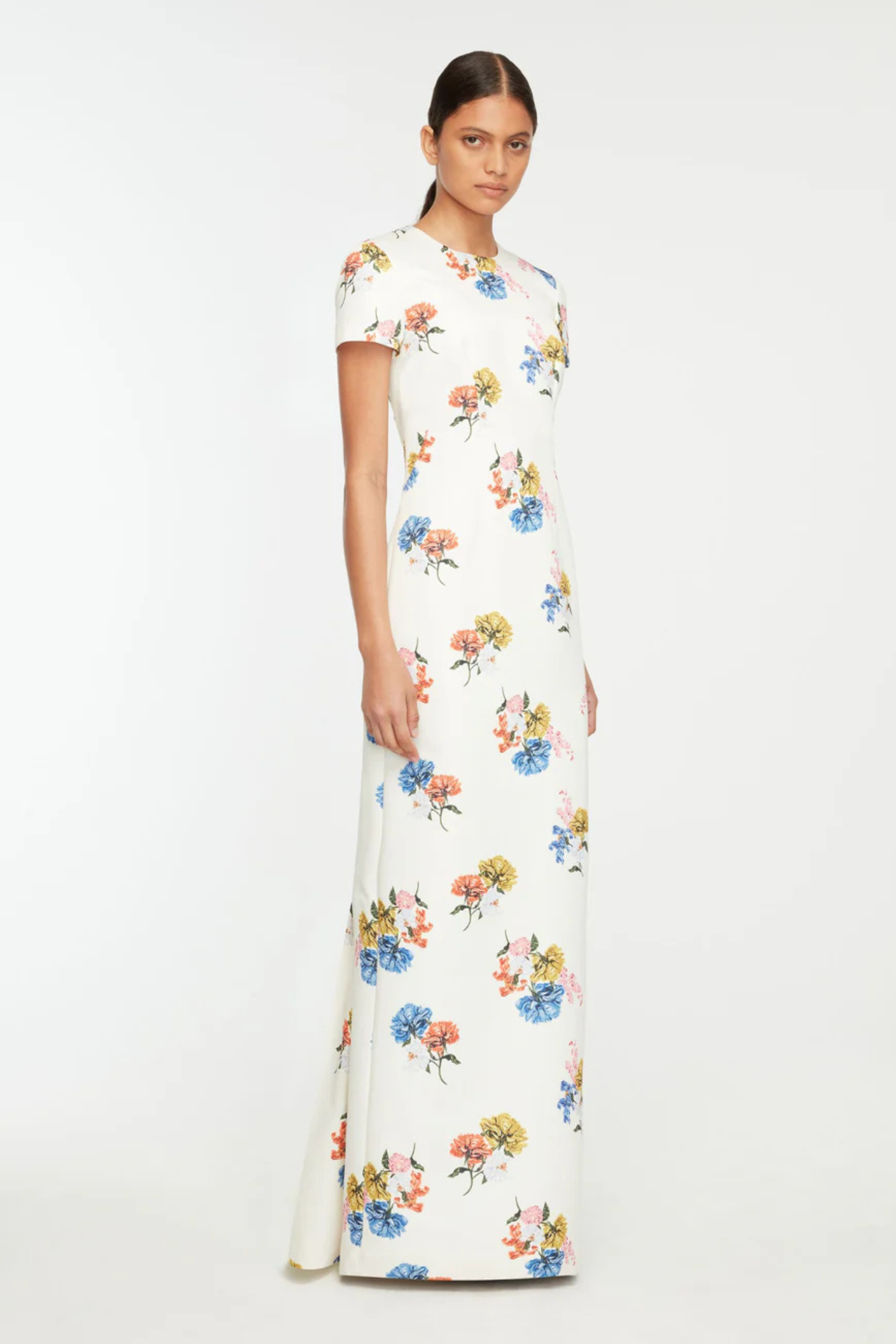 FOSETTE DRESS IN RETRO BOUQUET ON WHITE TAFFETA FAILLE