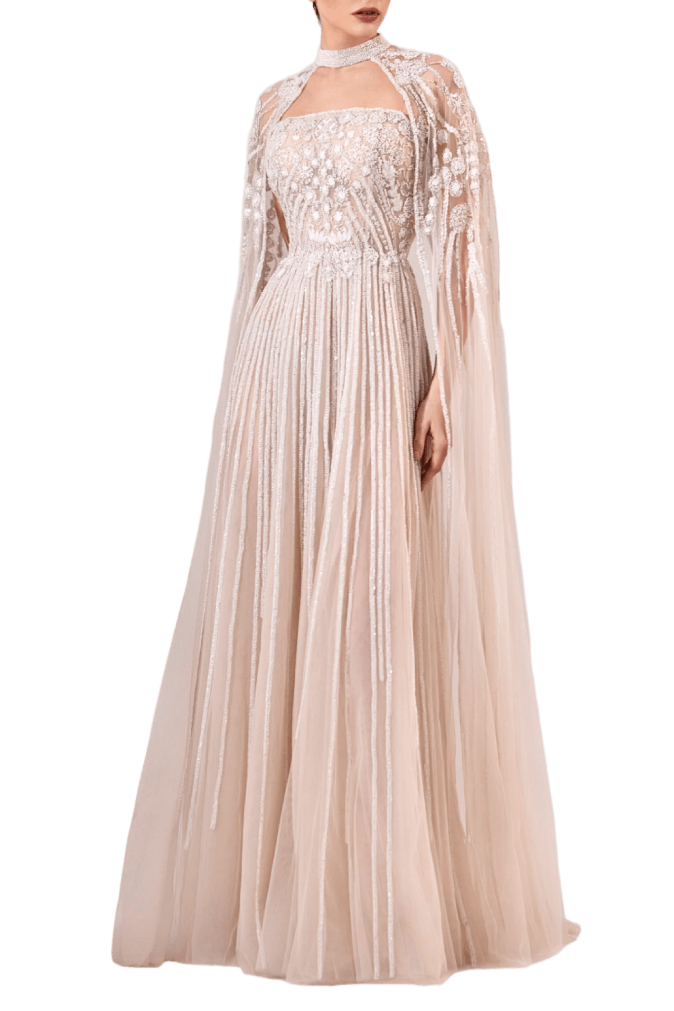 FULLY EMBROIDERED STRAPLESS TULLE DRESS WITH EMBROIDERED CAPE