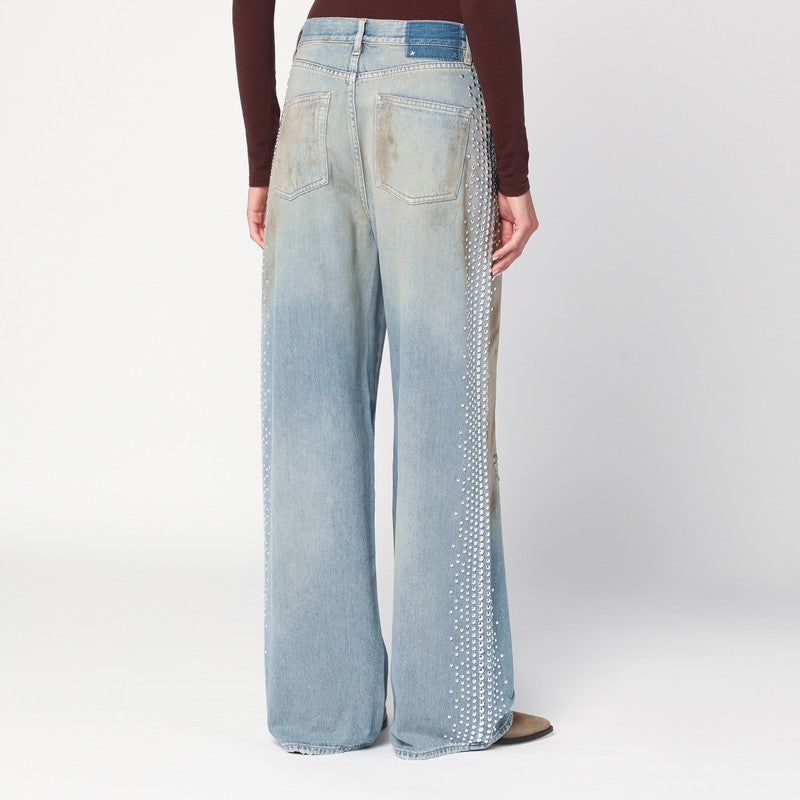 Wide light blue jeans, sand-wash distressed effect
