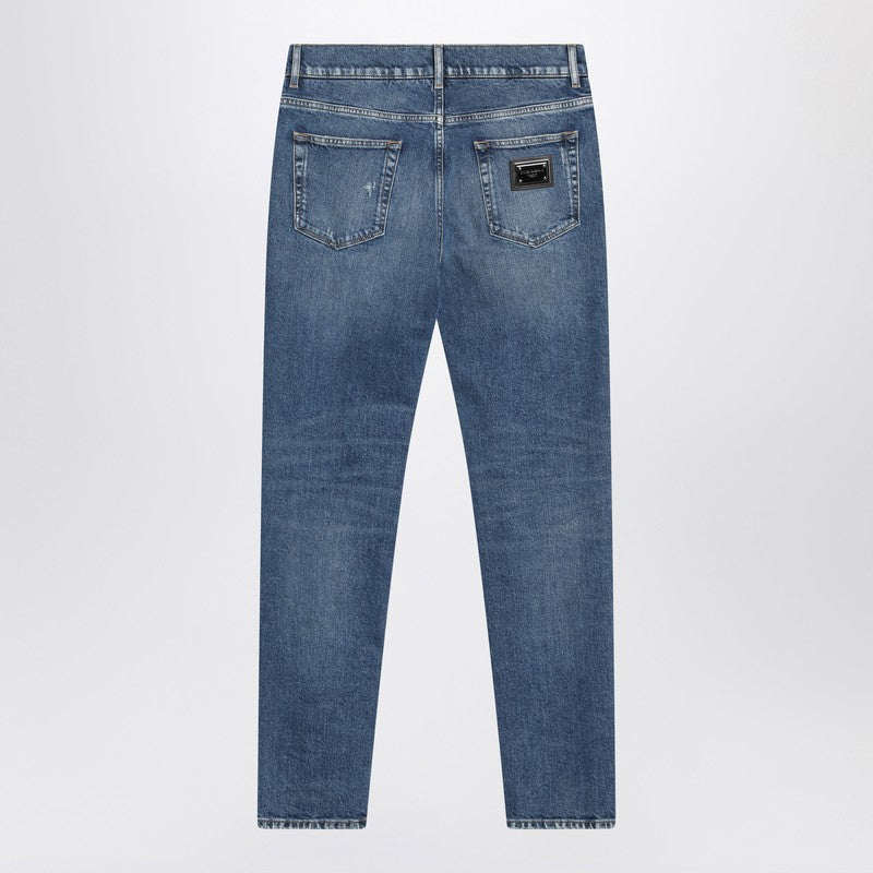 Faded-effect slim blue jeans