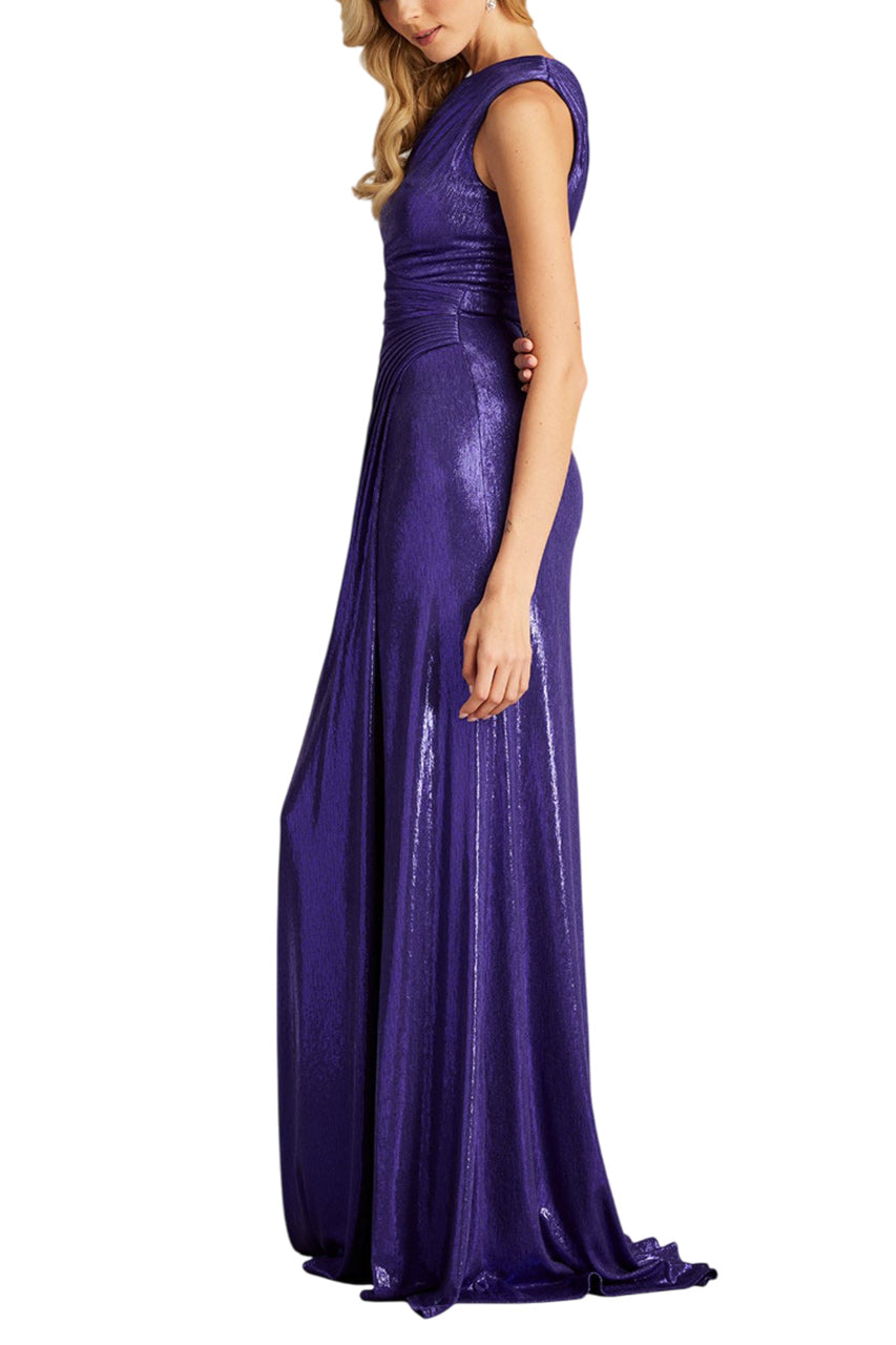 GAELIA ONE SHOULDER DRAPED METALLIC GOWN