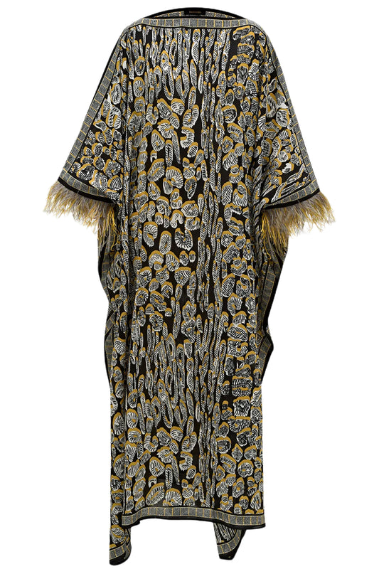 GOLD LEOPARD OF THE EAST CAFTAN WITH FEATHERED CUFFS