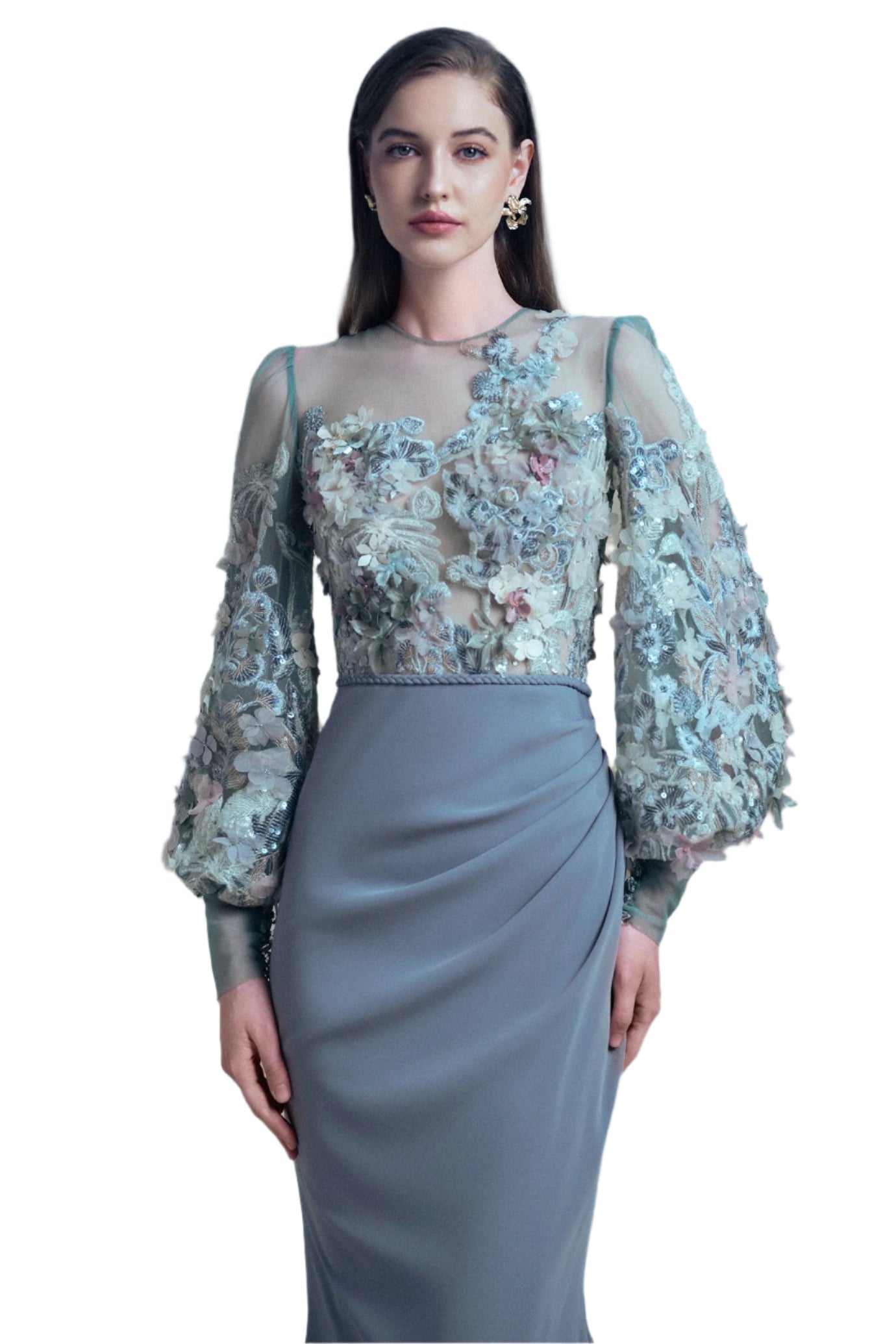 GREY FITTED DRAPES FLORAL GOWN
