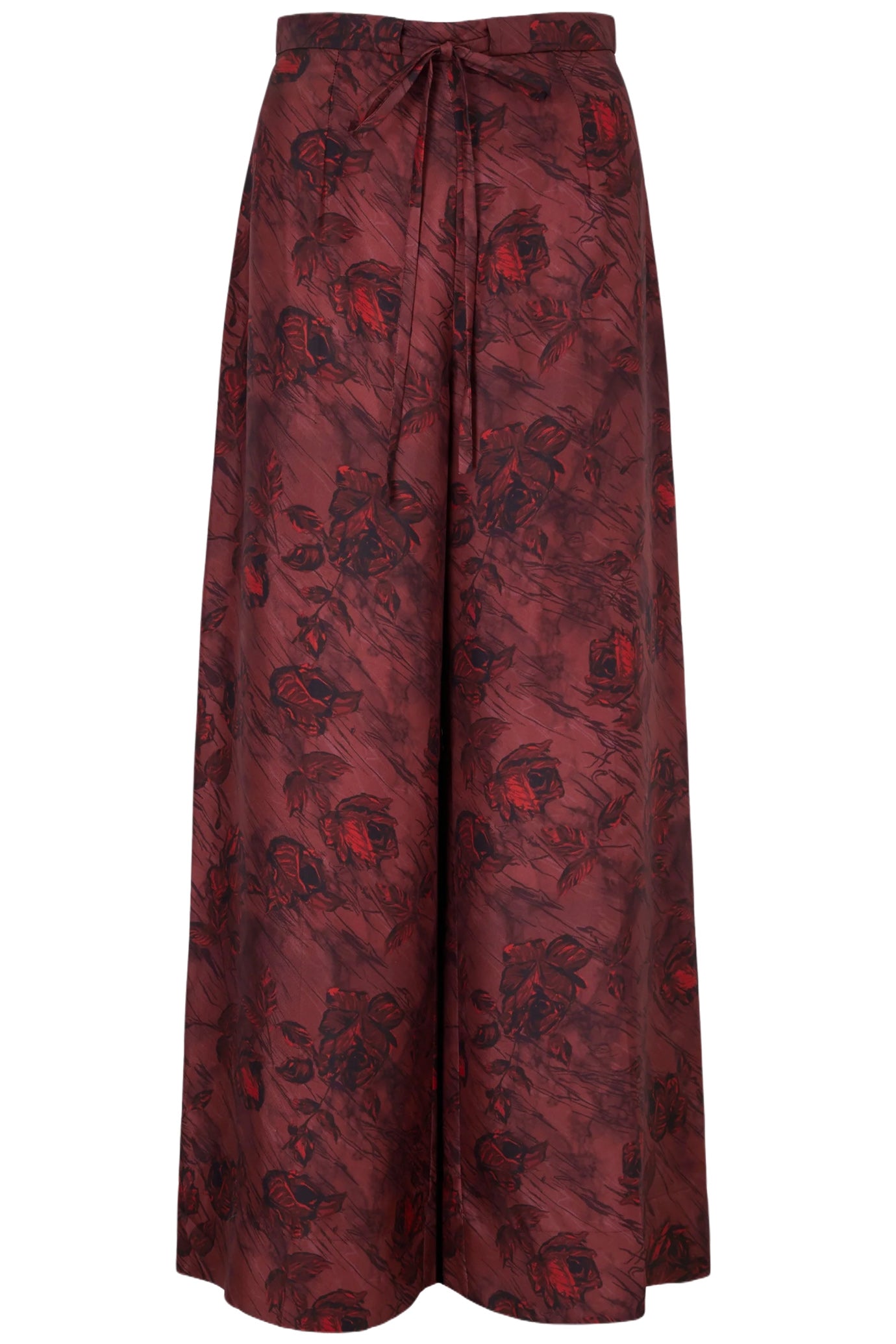 HEQET TROUSERS IN RED ROSES ON MARBLE PRINT SILK TWILL