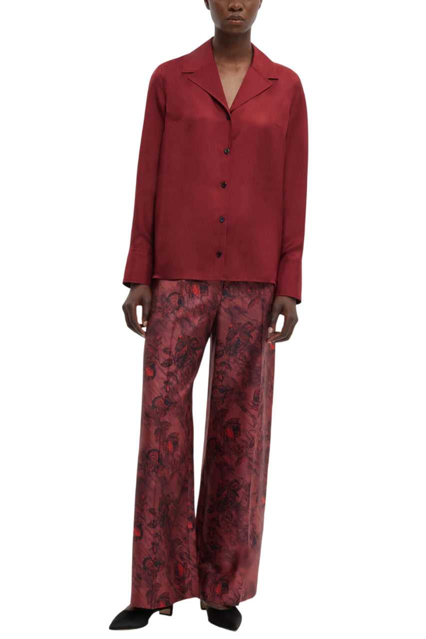 HEQET TROUSERS IN RED ROSES ON MARBLE PRINT SILK TWILL