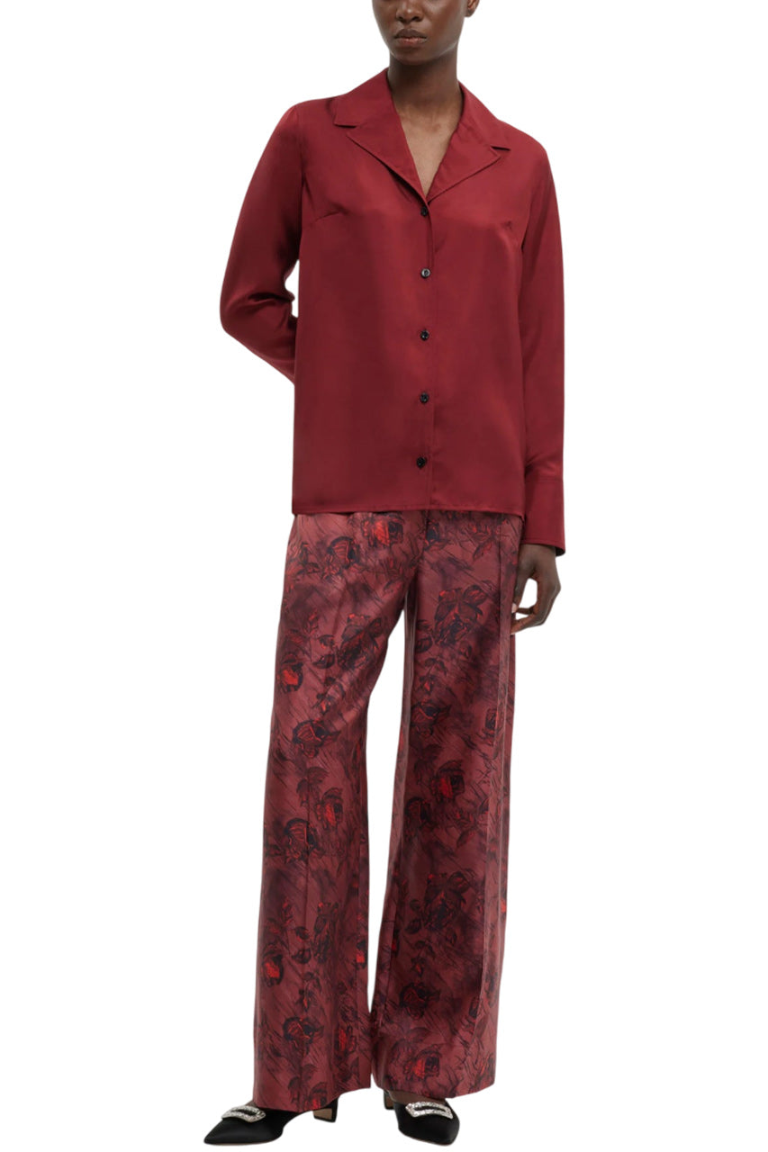 HEQET TROUSERS IN RED ROSES ON MARBLE PRINT SILK TWILL