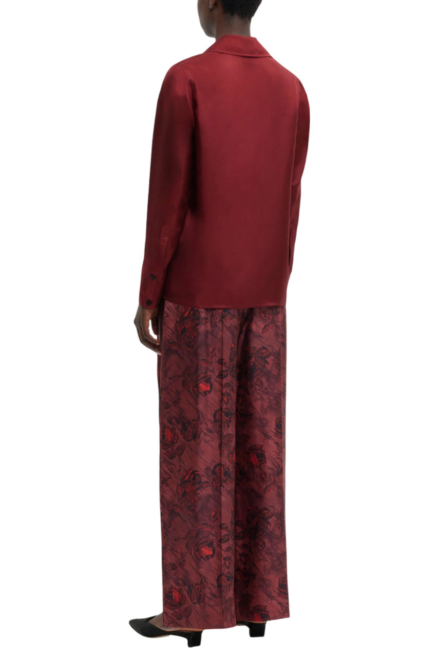 HEQET TROUSERS IN RED ROSES ON MARBLE PRINT SILK TWILL