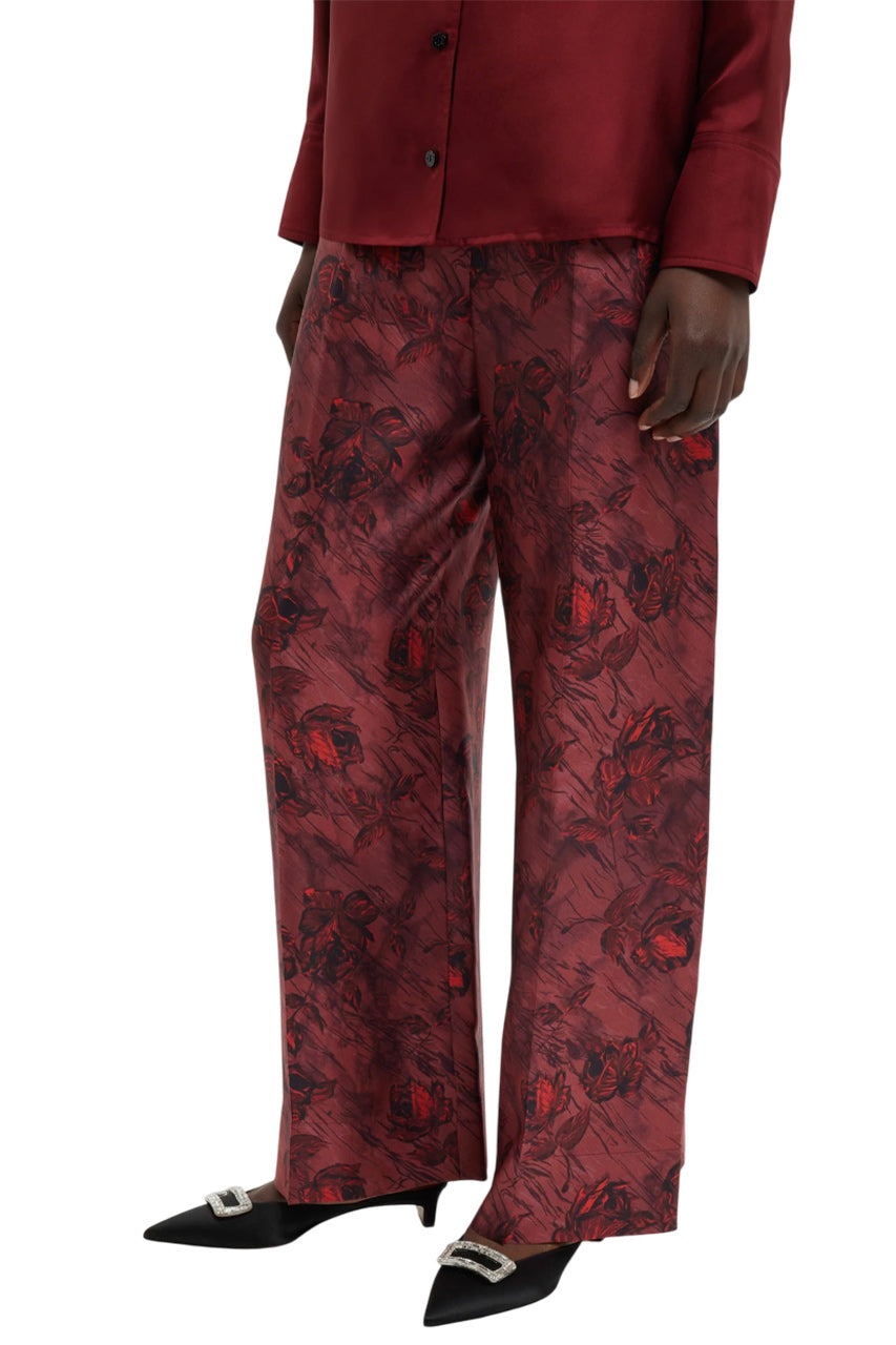 HEQET TROUSERS IN RED ROSES ON MARBLE PRINT SILK TWILL