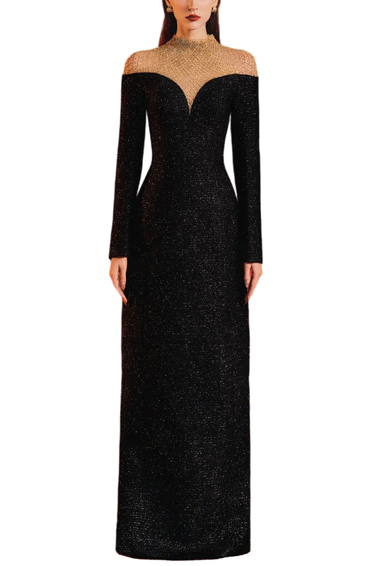 HIGH NECK FISHNET SHOULDER DRESS