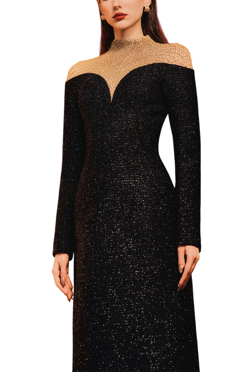 HIGH NECK FISHNET SHOULDER DRESS