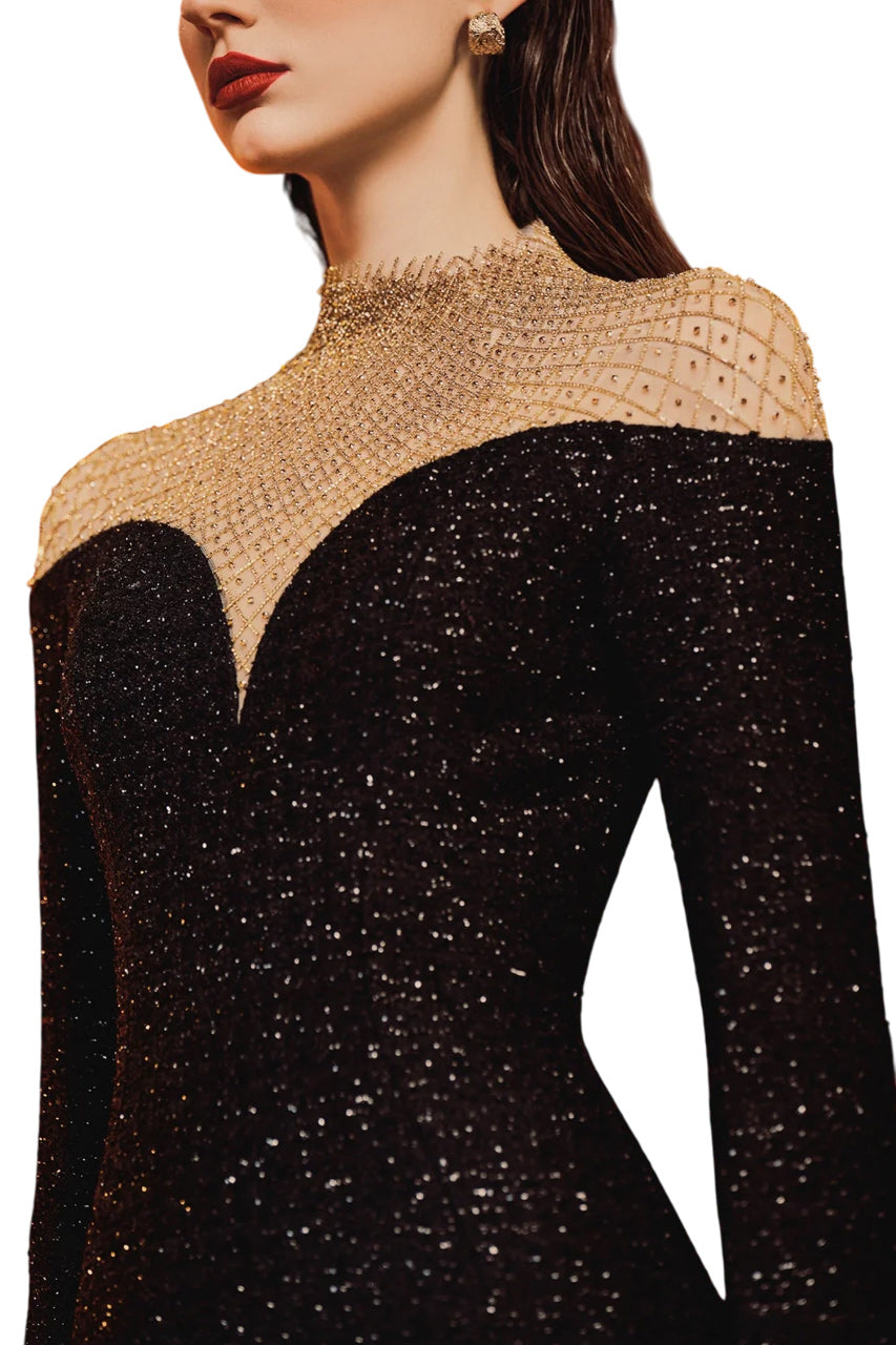 HIGH NECK FISHNET SHOULDER DRESS