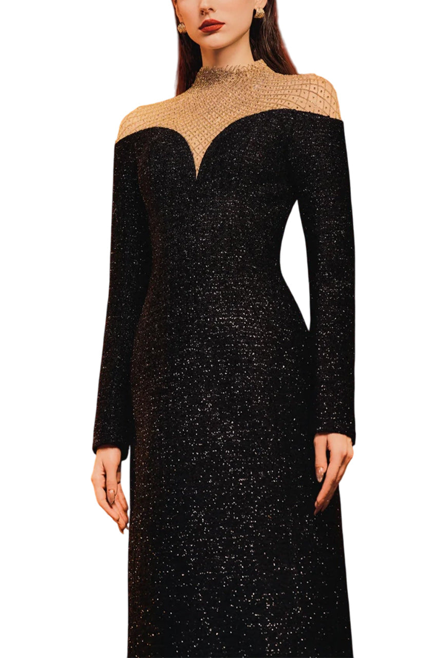 HIGH NECK FISHNET SHOULDER DRESS