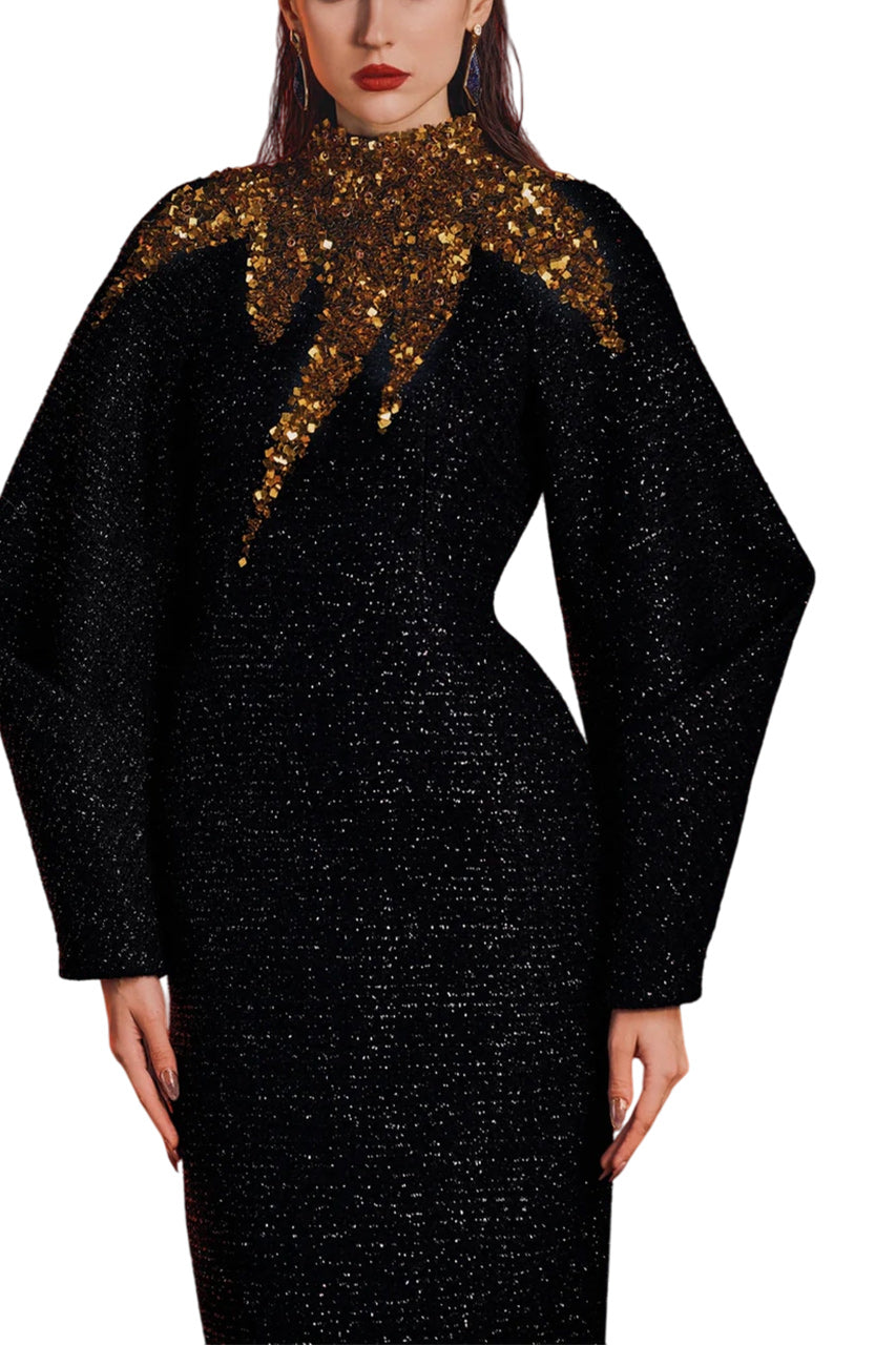 HIGH NECK FLUFFY SLEEVE DRESS