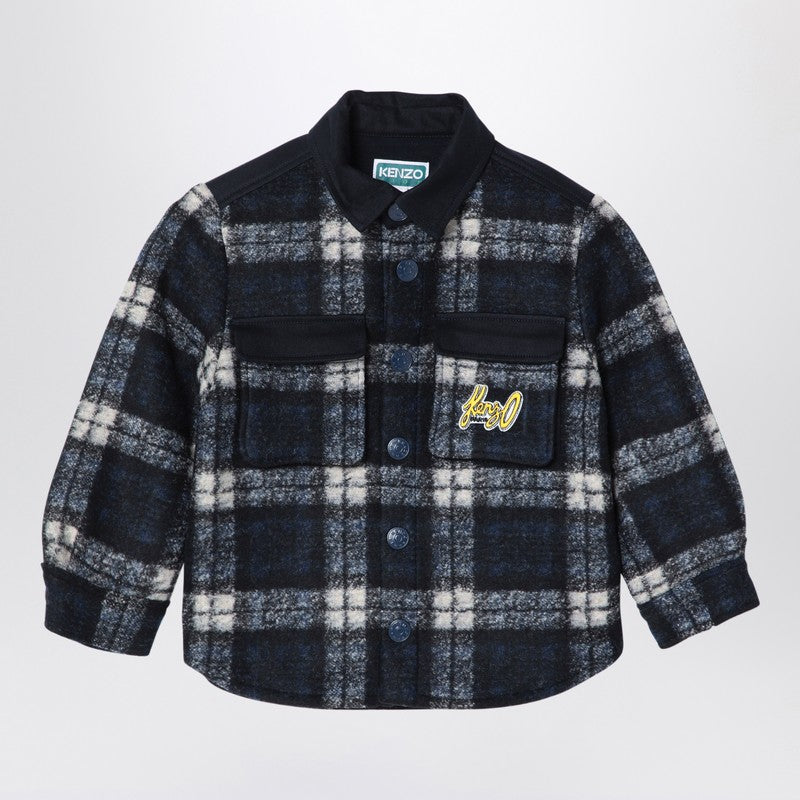 Navy Blue Chequered Shirt In Wool Blend