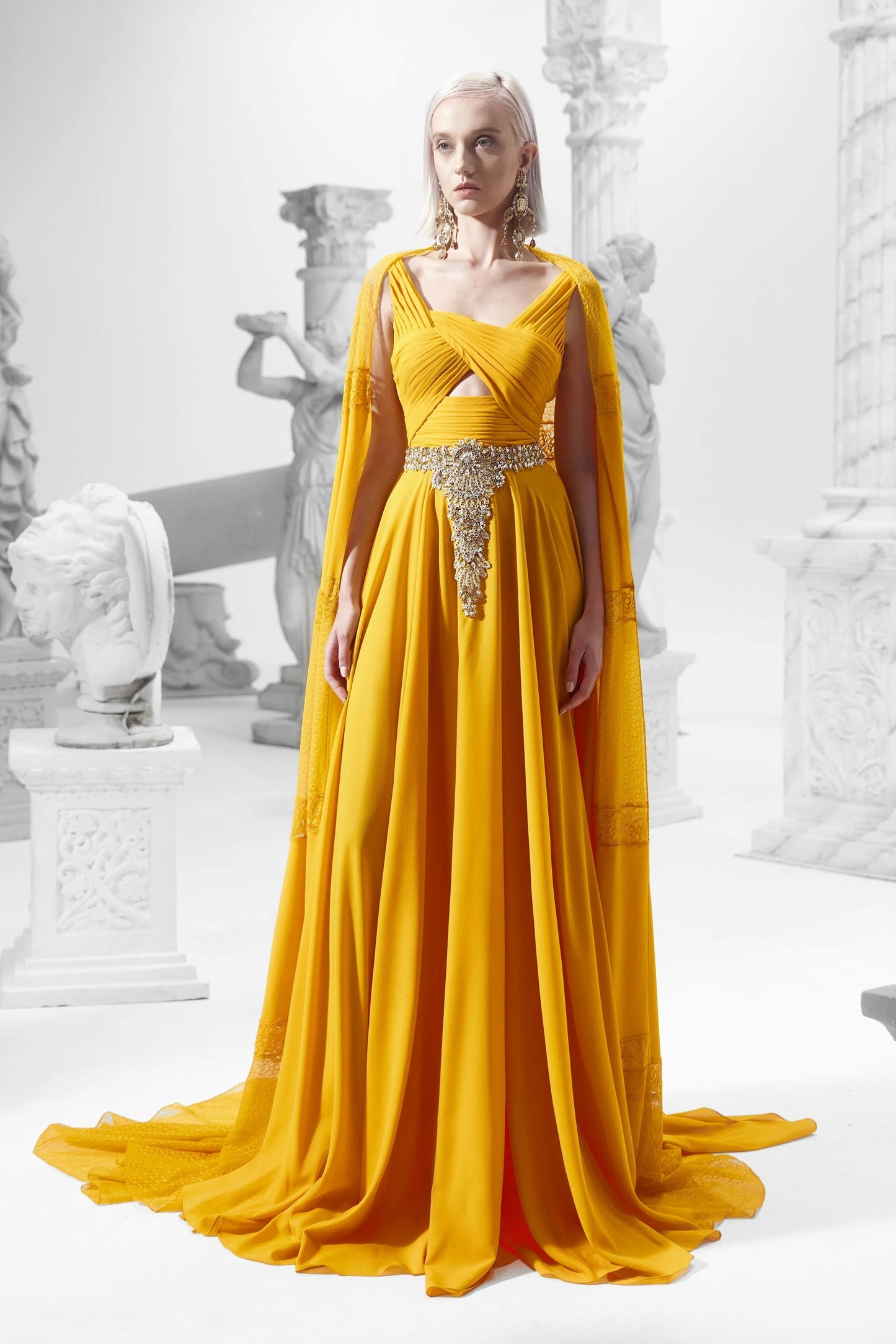 CUTOUT EMBELLISHED CAPE GOWN
